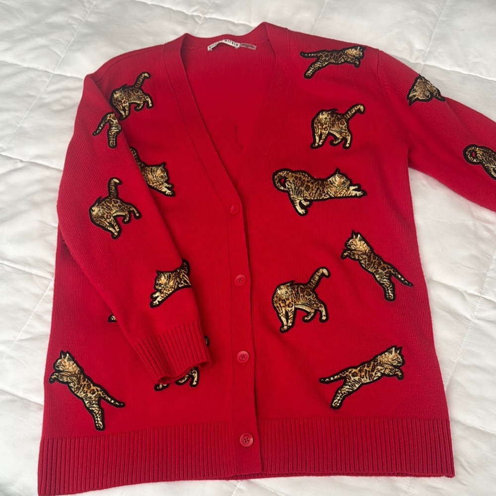 Alice + Olivia Red Dog Pattern Cardigan Sweater